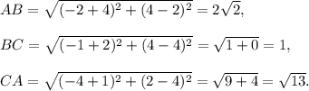 AB=\sqrt{(-2+4)^2+(4-2)^2}=2\sqrt2,\\\\BC=\sqrt{(-1+2)^2+(4-4)^2}=\sqrt{1+0}=1,\\\\CA=\sqrt{(-4+1)^2+(2-4)^2}=\sqrt{9+4}=\sqrt{13}.