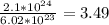 \frac{2.1*10^{24}}{6.02*10^{23}} = 3.49
