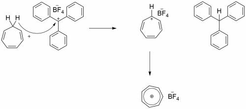 When 1,3,5-cycloheptatriene is treated with the powerful hydride (h-) acceptor triphenylmethyl fluor