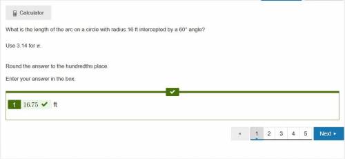What is the length of the arc on a circle with radius 16 ft intercepted by a 60° angle?  use 3.14 fo