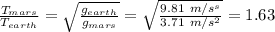 \frac{T_{mars}}{T_{earth}}= \sqrt{ \frac{g_{earth}}{g_{mars}} }  =  \sqrt{ \frac{9.81~m/s^s}{3.71~m/s^2} }=1.63