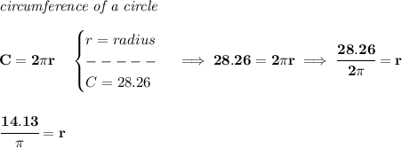 \bf \textit{circumference of a circle}\\\\&#10;C=2\pi r\quad &#10;\begin{cases}&#10;r=radius\\&#10;-----\\&#10;C=28.26&#10;\end{cases}\implies 28.26=2\pi r\implies \cfrac{28.26}{2\pi }=r&#10;\\\\\\&#10;\cfrac{14.13}{\pi } =r