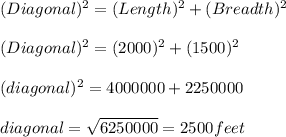 (Diagonal)^2=(Length)^2+(Breadth)^2\\\\(Diagonal)^2=(2000)^2+(1500)^2\\\\(diagonal)^2=4000000+2250000\\\\diagonal=\sqrt{6250000}=2500 feet