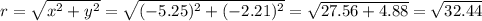r = \sqrt{x^{2}+y^{2}} = \sqrt{(-5.25)^{2}+(-2.21)^{2}} = \sqrt{27.56+4.88} = \sqrt{32.44}