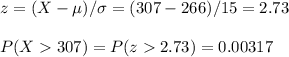 z=(X-\mu)/\sigma=(307-266)/15=2.73\\\\P(X307)=P(z2.73)=0.00317