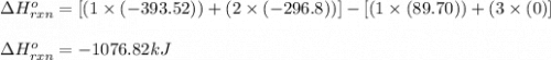 \Delta H^o_{rxn}=[(1\times (-393.52))+(2\times (-296.8))]-[(1\times (89.70))+(3\times (0)]\\\\\Delta H^o_{rxn}=-1076.82kJ