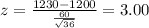 z=\frac{1230-1200}{\frac{60}{\sqrt{36} } }=3.00