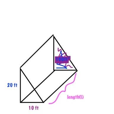 Atriangular prism has a volume of 2,500 cubic feet. what is the length of the prism if its triangula