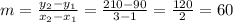 m=\frac{y_{2}-y_{1}}{x_{2}-x_{1}}=\frac{210-90}{3-1}=\frac{120}{2}=60