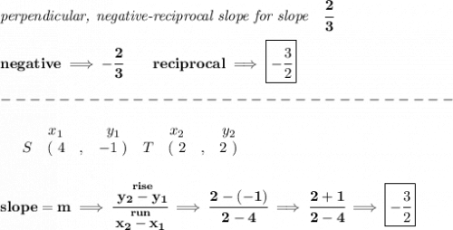 \bf \textit{perpendicular, negative-reciprocal slope for slope}\quad \cfrac{2}{3}\\\\&#10;negative\implies  -\cfrac{2}{ 3}\qquad reciprocal\implies \boxed{- \cfrac{ 3}{2}}\\\\&#10;-------------------------------\\\\&#10;\begin{array}{ccccccccc}&#10;&&x_1&&y_1&&x_2&&y_2\\&#10;%  (a,b)&#10;&S&(~ 4 &,& -1~) &#10;%  (c,d)&#10;&T&(~ 2 &,& 2~)&#10;\end{array}&#10;\\\\\\&#10;% slope  = m&#10;slope =  m\implies &#10;\cfrac{\stackrel{rise}{ y_2- y_1}}{\stackrel{run}{ x_2- x_1}}\implies \cfrac{2-(-1)}{2-4}\implies \cfrac{2+1}{2-4}\implies \boxed{-\cfrac{3}{2}}