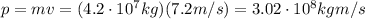 p=mv=(4.2\cdot 10^7 kg)(7.2 m/s)=3.02\cdot 10^8 kg m/s