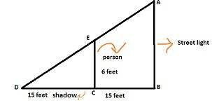 A6-foot person standing 15 feet from a streetlight casts a 15-foot shadow. two similar triangles are