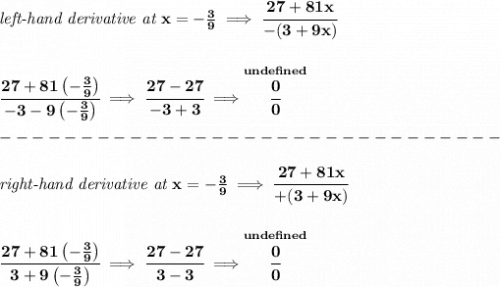 \bf \textit{left-hand derivative at }x=-\frac{3}{9}\implies \cfrac{27+81x}{-(3+9x)}&#10;\\\\\\&#10;\cfrac{27+81\left( -\frac{3}{9} \right)}{-3-9\left( -\frac{3}{9} \right)}\implies \cfrac{27-27}{-3+3}\implies \stackrel{unde fined}{\cfrac{0}{0}}\\\\&#10;-------------------------------\\\\&#10;\textit{right-hand derivative at }x=-\frac{3}{9}\implies \cfrac{27+81x}{+(3+9x)}&#10;\\\\\\&#10;\cfrac{27+81\left( -\frac{3}{9} \right)}{3+9\left( -\frac{3}{9} \right)}\implies \cfrac{27-27}{3-3}\implies \stackrel{unde fined}{\cfrac{0}{0}}