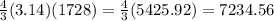 \frac{4}{3} (3.14)(1728) =\frac{4}{3} (5425.92) =7234.56