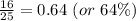 \frac{16}{25}=0.64 \ (or \ 64\%)