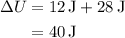 \begin{aligned}\Delta U&=12\,{\text{J}}+28\,{\text{J}}\\&={\text{40}}\,{\text{J}}\\\end{aligned}