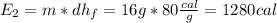 E_{2}=m*dh_{f}={16g*80\frac{cal}{g}}=1280cal