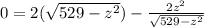 0=2(\sqrt{529-z^2})-\frac{2z^2}{\sqrt{529-z^2}}