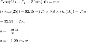Fcos(25) - F_k - Wsin(10) = ma\\\\(80cos(25) ) - 62.18 - (25\times 9.8\times sin(10)) = 25a\\\\-32.23 =25a\\\\a = \frac{-32.23}{25} \\\\a = -1.29 \ m/s^2