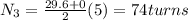 N_3 = \frac{29.6 + 0}{2}(5) = 74 turns
