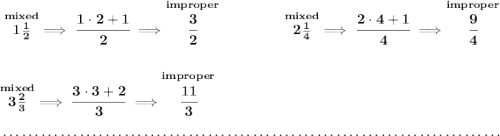 \bf \stackrel{mixed}{1\frac{1}{2}}\implies \cfrac{1\cdot 2+1}{2}\implies \stackrel{improper}{\cfrac{3}{2}}~\hfill \stackrel{mixed}{2\frac{1}{4}}\implies \cfrac{2\cdot 4+1}{4}\implies \stackrel{improper}{\cfrac{9}{4}} \\\\\\ \stackrel{mixed}{3\frac{2}{3}}\implies \cfrac{3\cdot 3+2}{3}\implies \stackrel{improper}{\cfrac{11}{3}} \\\\[-0.35em] ~\dotfill