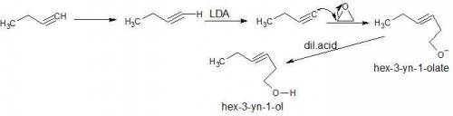 The following reaction series is completed:  (1) 1-butyne is reacted with lda. (2) the organic produ