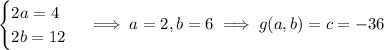 \begin{cases}2a=4\\2b=12\end{cases}\implies a=2,b=6\implies g(a,b)=c=-36