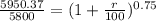 \frac{5950.37}{5800}=(1+\frac{r}{100})^{0.75}