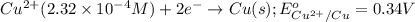 Cu^{2+}(2.32\times 10^{-4}M)+2e^-\rightarrow Cu(s);E^o_{Cu^{2+}/Cu}=0.34V
