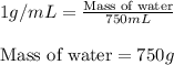 1g/mL=\frac{\text{Mass of water}}{750mL}\\\\\text{Mass of water}=750g