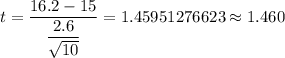 t=\dfrac{16.2-15}{\dfrac{2.6}{\sqrt{10}}}=1.45951276623\approx1.460