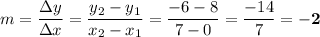 m = \dfrac{\Delta y}{\Delta x} = \dfrac{y_{2}-y_{1}}{x_{2} -x_{1} } = \dfrac{-6 - 8}{7 - 0}= \dfrac{-14}{7} = \mathbf{-2}