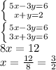 \left \{ {{5x-3y=6} \atop {x+y=2}} \right.\\\left \{ {{5x-3y=6} \atop {3x+3y=6}} \right.\\8x=12\\x=\frac{12}{8}=\frac{3}{2}