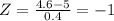 Z=\frac{4.6-5}{0.4}=-1