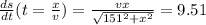 \frac{ds}{dt}(t=\frac{x}{v})=\frac{vx }{\sqrt{151^2 + x^2}}=9.51