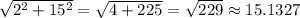 \sqrt{2^2+15^2}=\sqrt{4+225}=\sqrt{229}\approx 15.1327