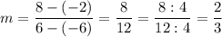 m=\dfrac{8-(-2)}{6-(-6)}=\dfrac{8}{12}=\dfrac{8:4}{12:4}=\dfrac{2}{3}