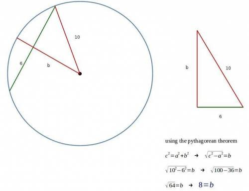 Achord of a circle is 12cm long.the radius of the circle is 10cm.calculate the distance of the midpo