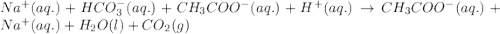 Na^+(aq.)+HCO_3^-(aq.)+CH_3COO^-(aq.)+H^+(aq.)\rightarrow CH_3COO^-(aq.)+Na^+(aq.)+H_2O(l)+CO_2(g)