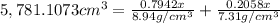 5,781.1073 cm^3=\frac{0.7942 x}{8.94 g/cm^3}+\frac{0.2058 x}{7.31 g/cm^3}