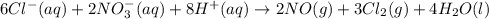 6Cl^-(aq)+2NO_3^-(aq)+8H^+(aq)\rightarrow 2NO(g)+3Cl_2(g)+4H_2O(l)