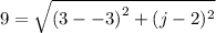 9 =  \sqrt{( {3 -  - 3)}^{2} + (j - 2) ^{2}  }
