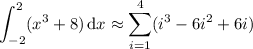 \displaystyle\int_{-2}^2(x^3+8)\,\mathrm dx\approx\sum_{i=1}^4(i^3-6i^2+6i)