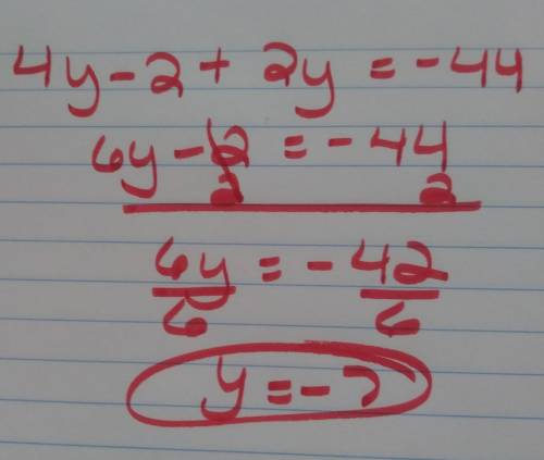 What is the value of y in the equation 4y - 2(1 - y) = -44