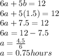 6a+5b=12\\6a+5(1.5)=12\\6a+7.5=12\\6a=12-7.5\\a=\frac{4.5}{6} \\a=0.75hours