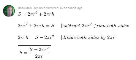 Solve for indicated variable (h) :  s=2(pi)r(squared) + 2(pi)rh