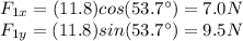 F_{1x} =(11.8) cos (53.7^{\circ})=7.0 N\\F_{1y} = (11.8) sin (53.7^{\circ})=9.5 N