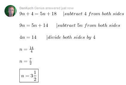 How do you solve 9n+4=5n+18 and what is the answer