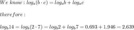 We\ know:log_a(b\cdot c)=log_ab+log_ac\\\\therefore:\\\\log_b14=log_b(2\cdot7)=log_b2+log_b7=0.693+1.946=2.639