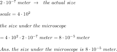 2\cdot10^{-7}\ meter\ \rightarrow\ \ the\ actual\ size\\\\scale=4\cdot10^2\\\\the\ size\ under\ the \  microscope\ \\\\=4\cdot10^2\cdot2\cdot10^{-7}\ meter=8\cdot10^{-5}\ meter\\\\Ans.\ the\ size\ under\ the \  microscope\ is\ 8\cdot10^{-5}\ meter.